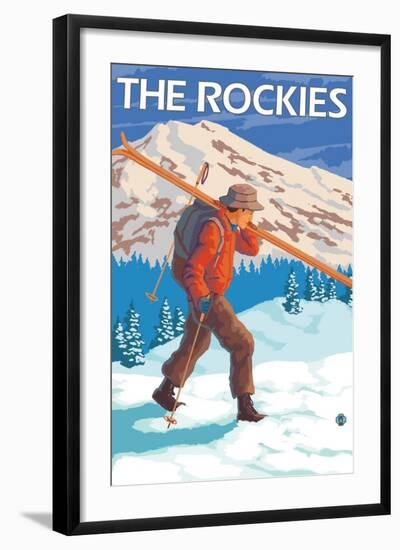 Skier Carrying Snow Skis, The Rockies-Lantern Press-Framed Art Print