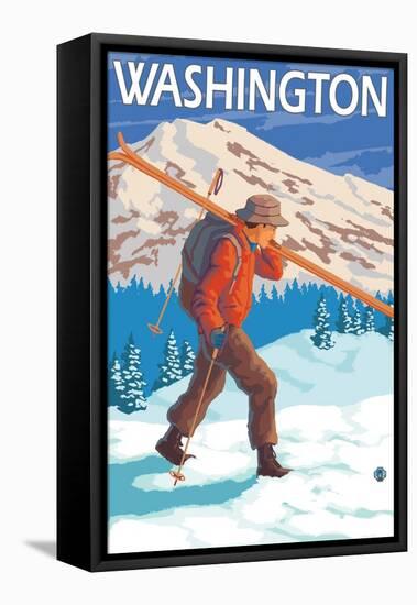 Skier Carrying Snow Skis, Washington-Lantern Press-Framed Stretched Canvas