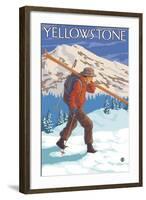 Skier Carrying Snow Skis, Yellowstone National Park-Lantern Press-Framed Art Print