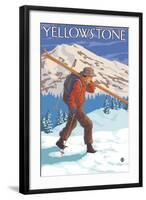 Skier Carrying Snow Skis, Yellowstone National Park-Lantern Press-Framed Art Print