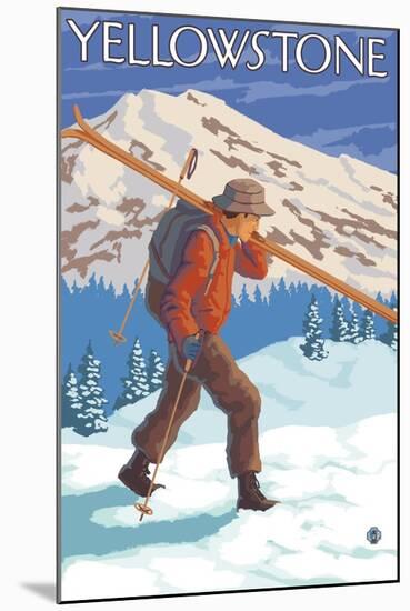 Skier Carrying Snow Skis, Yellowstone National Park-Lantern Press-Mounted Art Print