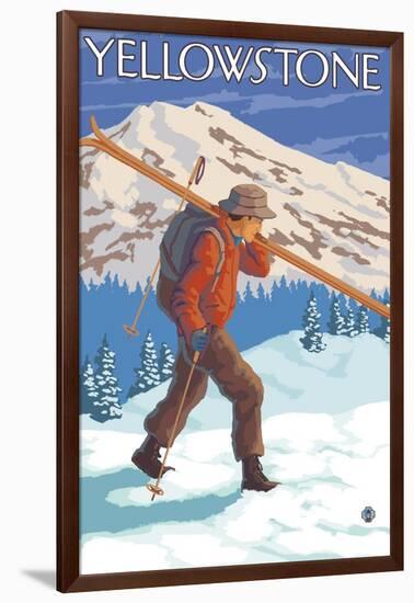 Skier Carrying Snow Skis, Yellowstone National Park-Lantern Press-Framed Art Print