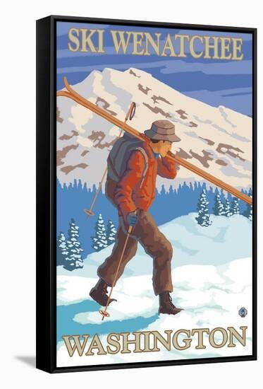 Skier Carrying - Wenatchee, WA-Lantern Press-Framed Stretched Canvas