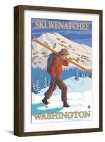 Skier Carrying - Wenatchee, WA-Lantern Press-Framed Art Print