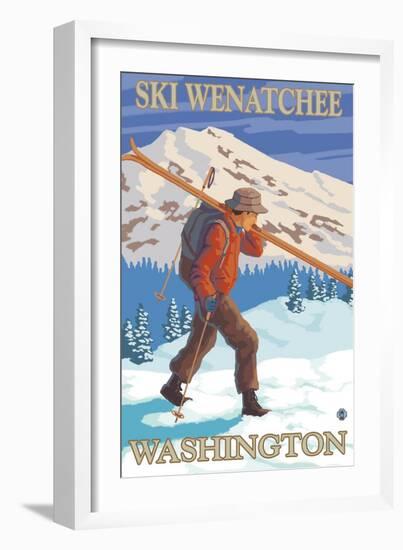 Skier Carrying - Wenatchee, WA-Lantern Press-Framed Art Print