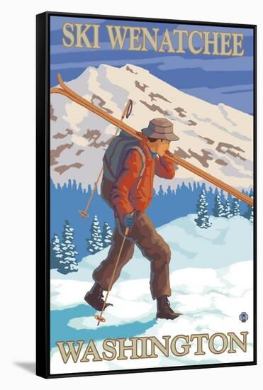 Skier Carrying - Wenatchee, WA-Lantern Press-Framed Stretched Canvas