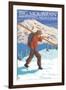 Skier Carrying - Whitefish, Montana - Snowboarder Jumping-Lantern Press-Framed Art Print