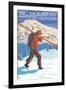 Skier Carrying - Whitefish, Montana - Snowboarder Jumping-Lantern Press-Framed Art Print