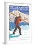 Skier Carrying - Whitefish, Montana - Snowboarder Jumping-Lantern Press-Framed Art Print