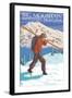 Skier Carrying - Whitefish, Montana - Snowboarder Jumping-Lantern Press-Framed Art Print