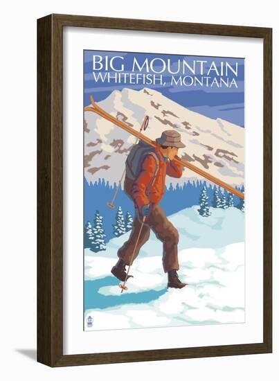 Skier Carrying - Whitefish, Montana - Snowboarder Jumping-Lantern Press-Framed Art Print