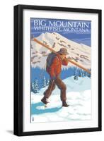 Skier Carrying - Whitefish, Montana - Snowboarder Jumping-Lantern Press-Framed Art Print