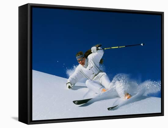 Skier in White-null-Framed Stretched Canvas