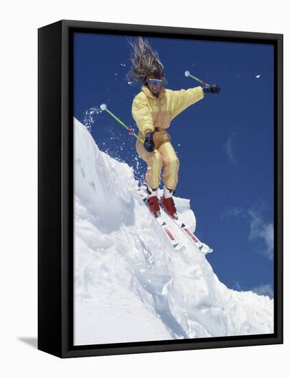 Skier in Yellow with Streaming Hair-null-Framed Stretched Canvas