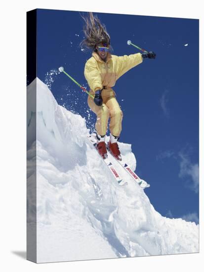 Skier in Yellow with Streaming Hair-null-Stretched Canvas