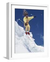 Skier in Yellow with Streaming Hair-null-Framed Photographic Print