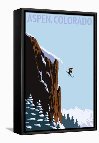 Skier Jumping - Aspen, Colorado-Lantern Press-Framed Stretched Canvas