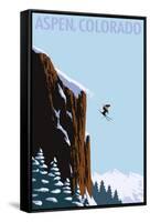 Skier Jumping - Aspen, Colorado-Lantern Press-Framed Stretched Canvas