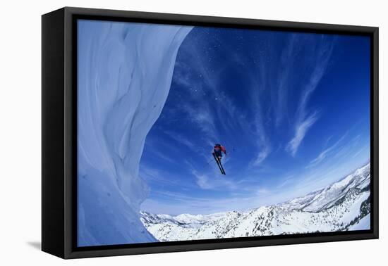 Skier Jumping from Mountain Ledge-null-Framed Stretched Canvas