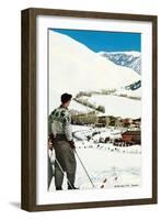 Skier Looking over Sun Valley Resort-null-Framed Art Print