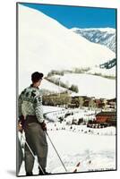 Skier Looking over Sun Valley Resort-null-Mounted Art Print