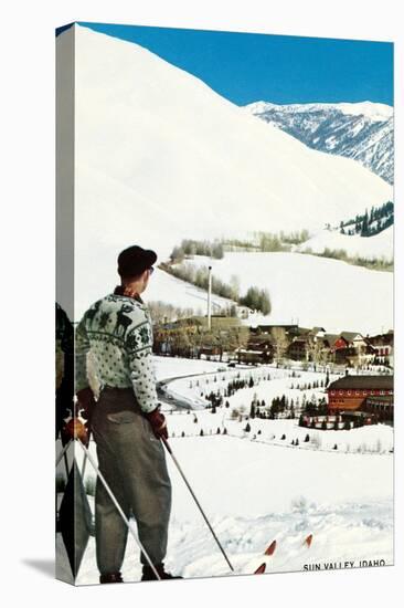 Skier Looking over Sun Valley Resort-null-Stretched Canvas