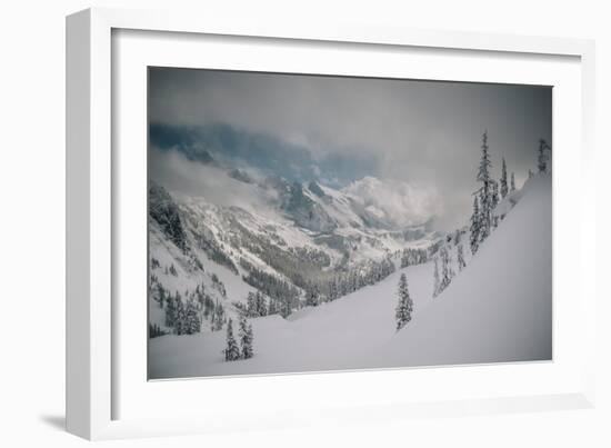 Skier Makes Some Steep Angle Powder Turns In Cascades Of Washington As A Snow Storm Begins To Clear-Jay Goodrich-Framed Photographic Print