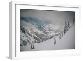 Skier Makes Some Steep Angle Powder Turns In Cascades Of Washington As A Snow Storm Begins To Clear-Jay Goodrich-Framed Photographic Print