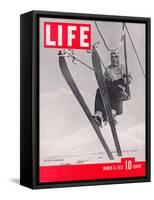 Skier Riding the Chair Lift at Sun Valley Ski Resort, March 8, 1937-Alfred Eisenstaedt-Framed Stretched Canvas