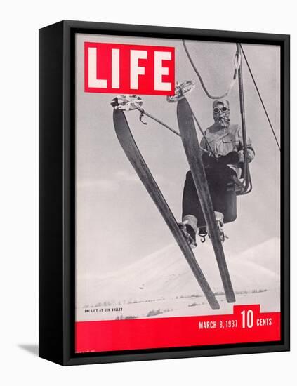 Skier Riding the Chair Lift at Sun Valley Ski Resort, March 8, 1937-Alfred Eisenstaedt-Framed Stretched Canvas