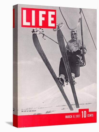 Skier Riding the Chair Lift at Sun Valley Ski Resort, March 8, 1937-Alfred Eisenstaedt-Stretched Canvas