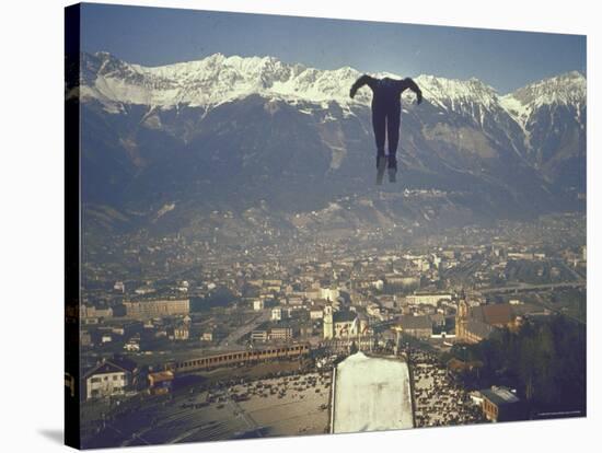 Skier Taking Off from the Bergisel Jump Hangs During Innsbruck Winter Olympics Competition-Ralph Crane-Stretched Canvas