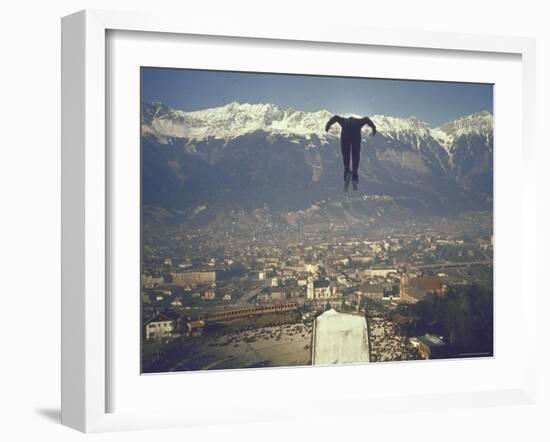 Skier Taking Off from the Bergisel Jump Hangs During Innsbruck Winter Olympics Competition-Ralph Crane-Framed Photographic Print