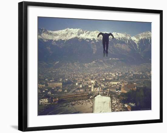 Skier Taking Off from the Bergisel Jump Hangs During Innsbruck Winter Olympics Competition-Ralph Crane-Framed Photographic Print