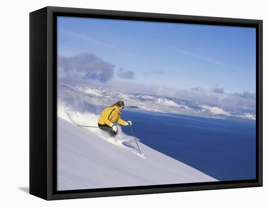 Skier with Beautiful Scenery Beyond-null-Framed Stretched Canvas