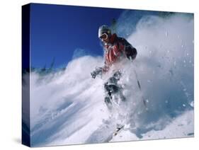 Skier with Snow Flying Up-null-Stretched Canvas