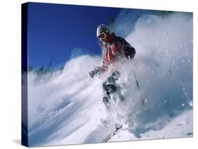 Skier with Snow Flying Up-null-Stretched Canvas