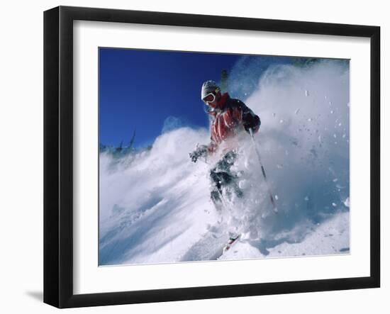 Skier with Snow Flying Up-null-Framed Photographic Print