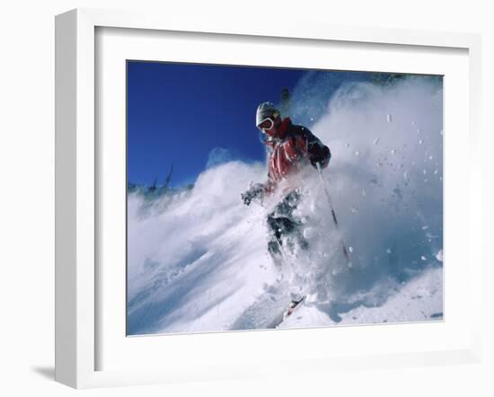 Skier with Snow Flying Up-null-Framed Photographic Print