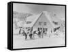 Skiers at the Stevens Pass ski lodge Photograph - Seattle, WA-Lantern Press-Framed Stretched Canvas