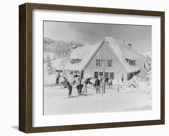 Skiers at the Stevens Pass ski lodge Photograph - Seattle, WA-Lantern Press-Framed Art Print