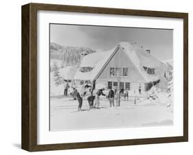 Skiers at the Stevens Pass ski lodge Photograph - Seattle, WA-Lantern Press-Framed Art Print