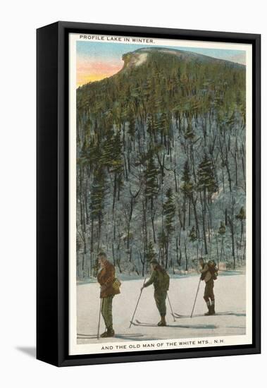Skiers by Old Man of the Mountain, New Hampshire-null-Framed Stretched Canvas