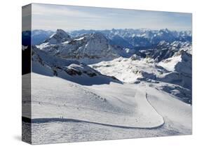 Skiers, Mountain Scenery in Cervinia Ski Resort, Cervinia, Valle D'Aosta, Italian Alps, Italy-Christian Kober-Stretched Canvas