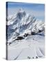 Skiers, Mountain Scenery in Cervinia Ski Resort, Cervinia, Valle D'Aosta, Italian Alps, Italy-Christian Kober-Stretched Canvas