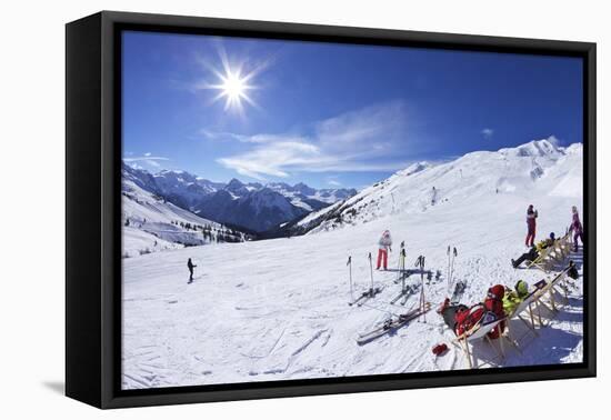 Skiers Relaxing at Cafe in Winter Sunshine, Verdons Sud, La Plagne, French Alps, France, Europe-Peter Barritt-Framed Stretched Canvas