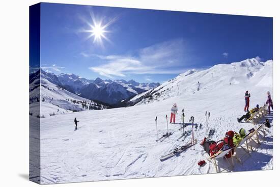 Skiers Relaxing at Cafe in Winter Sunshine, Verdons Sud, La Plagne, French Alps, France, Europe-Peter Barritt-Stretched Canvas