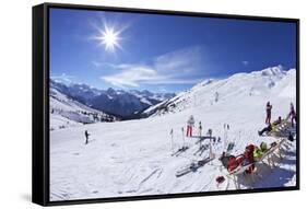 Skiers Relaxing at Cafe in Winter Sunshine, Verdons Sud, La Plagne, French Alps, France, Europe-Peter Barritt-Framed Stretched Canvas