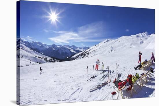 Skiers Relaxing at Cafe in Winter Sunshine, Verdons Sud, La Plagne, French Alps, France, Europe-Peter Barritt-Stretched Canvas