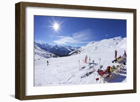 Skiers Relaxing at Cafe in Winter Sunshine, Verdons Sud, La Plagne, French Alps, France, Europe-Peter Barritt-Framed Photographic Print